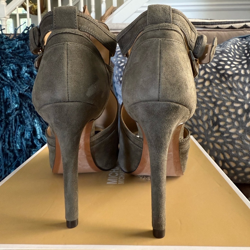 Michael Kors Blaze Open-Toe Suede High-Heel Booties Brown Olive Green Sz. 7.5 - Picture 5 of 7